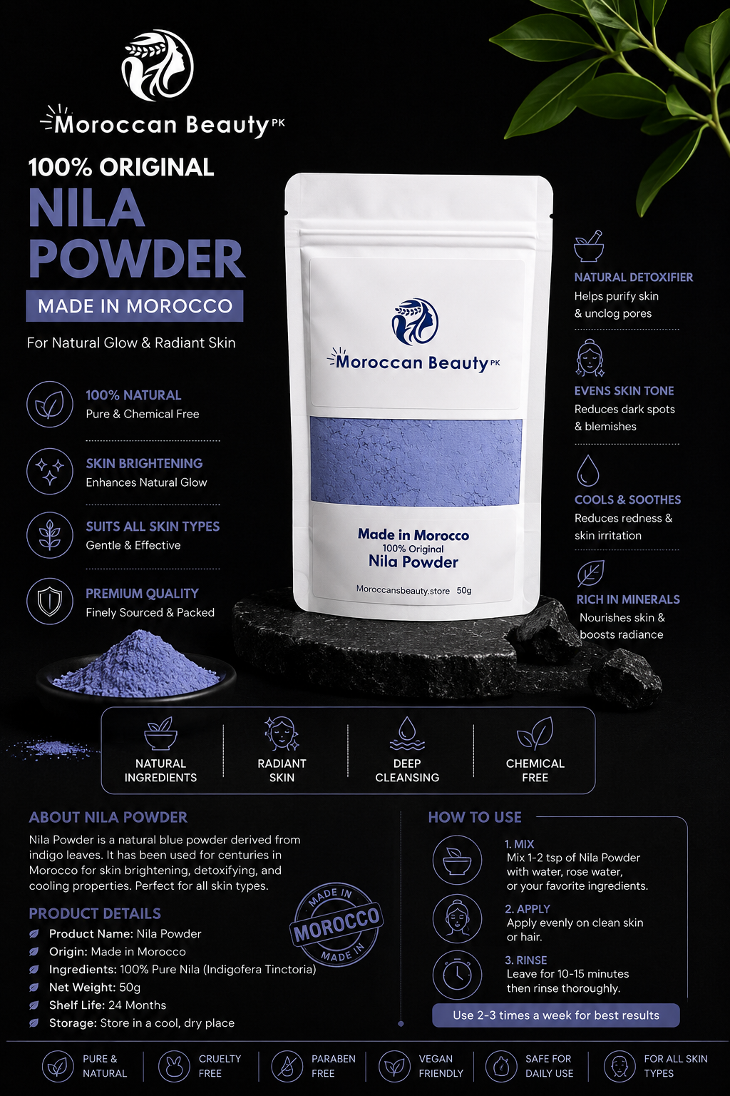 Moroccan Nila Powder Original 50g – Skin Brightening Blue Powder